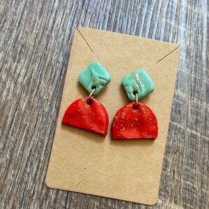 Handmade Red & Turquoise Dangle Earrings with Gold Flecks